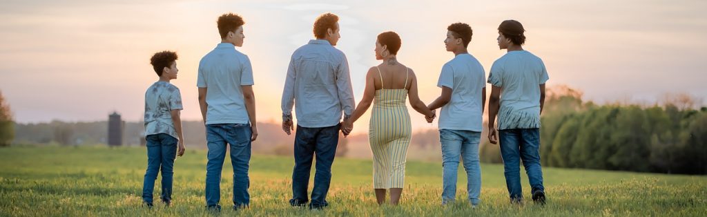 family, sunset, field